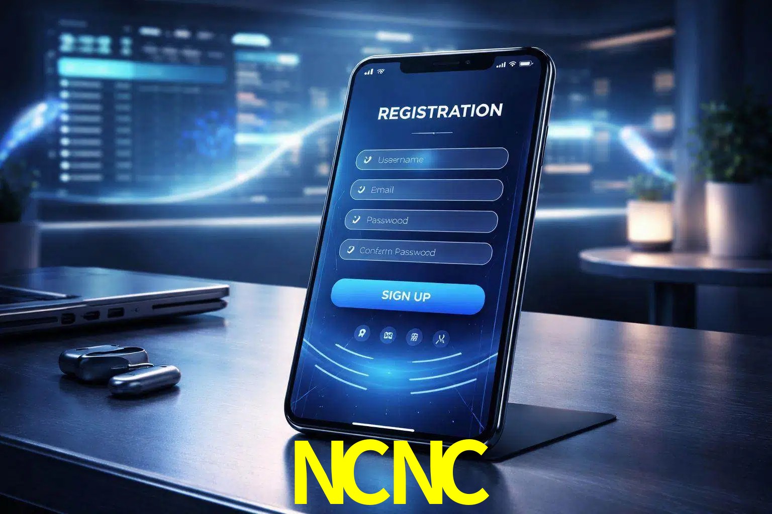 Una interfaz moderna de registro móvil para NCNC mostrada en un smartphone con un panel de apuestas elegante.